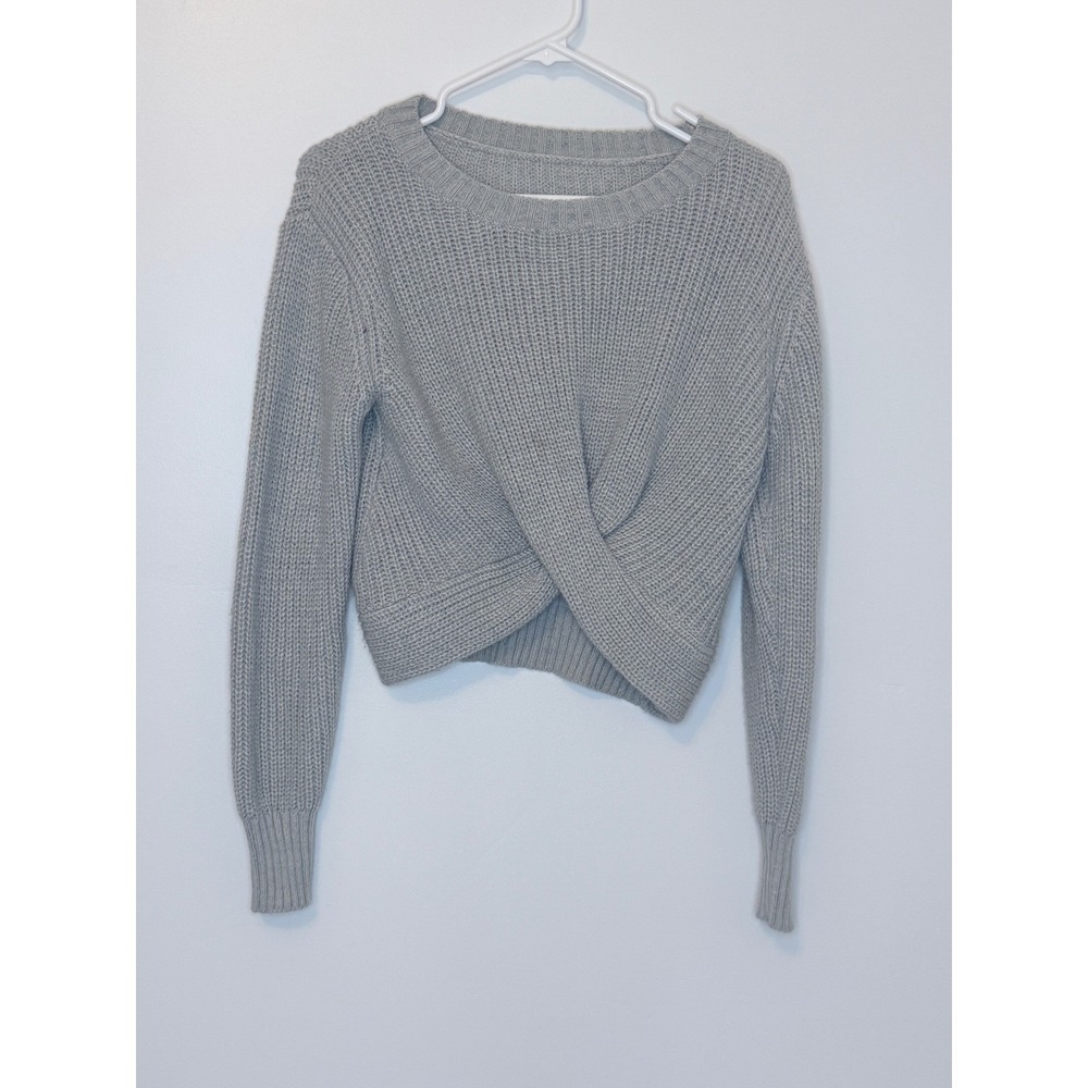 Grey Twist Front Cropped Ribbed Knit Sweater S Long Sleeve Crew Neck Pullover
